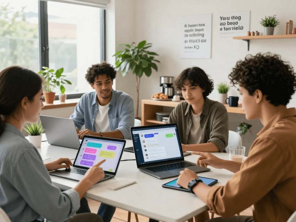 Dynamic collaboration in a tech workspace showcasing spicy AI chat features on laptops.
