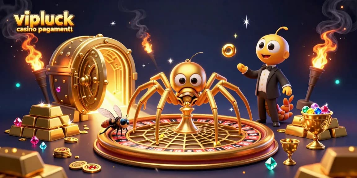Scopri i metodi di prelievo di VIPLuck mentre un ragno d'oro crea una ragnatela a forma di roulette.