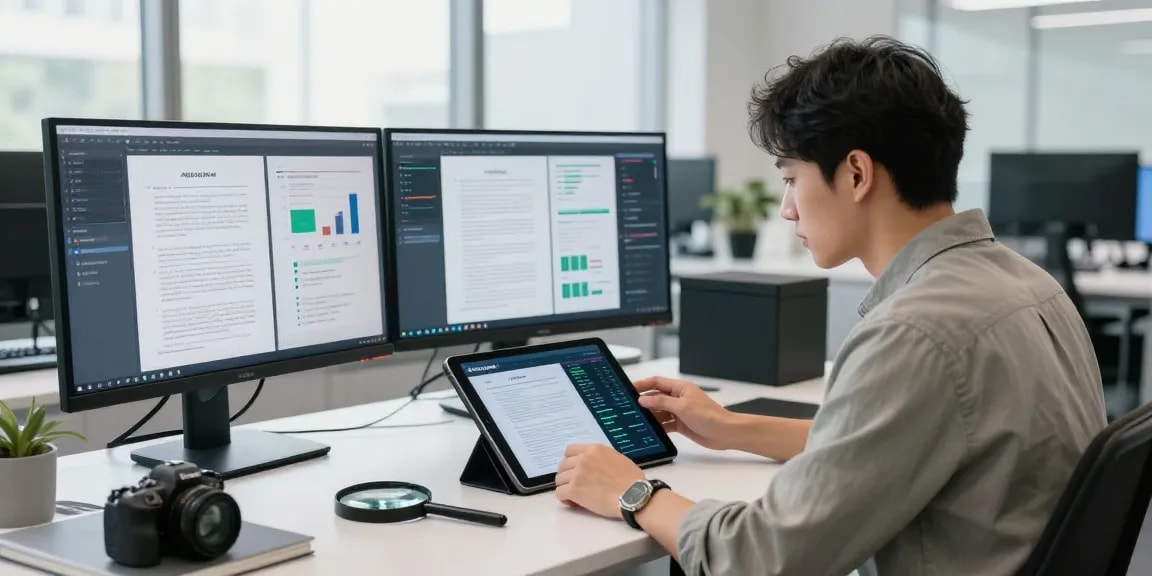 Data analyst examining document fraud detection metrics in a modern workspace.