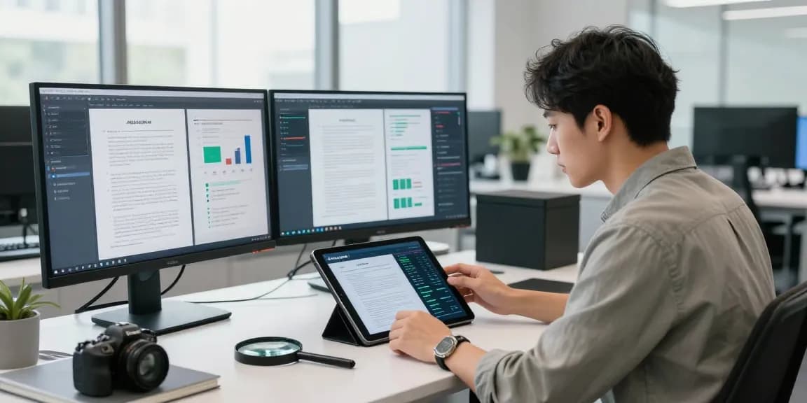 Data analyst examining document fraud detection metrics in a modern workspace.