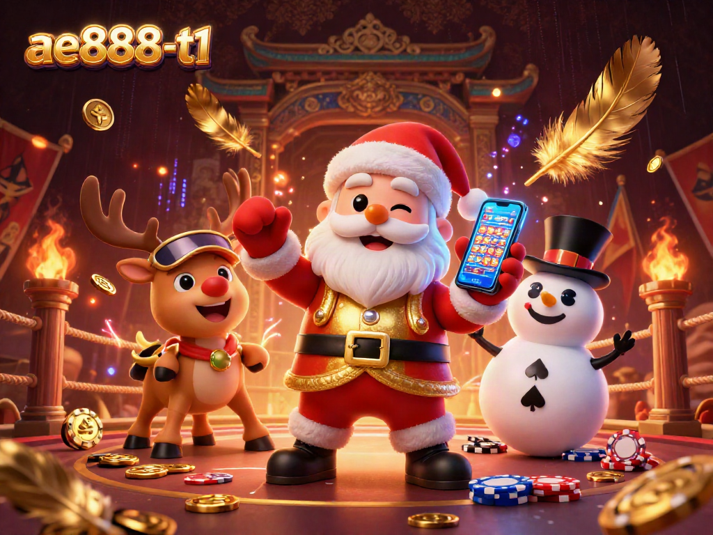 Join the festive fun with ae888-t1's vibrant casino scene featuring a jackpot slots smartphone and playful characters.