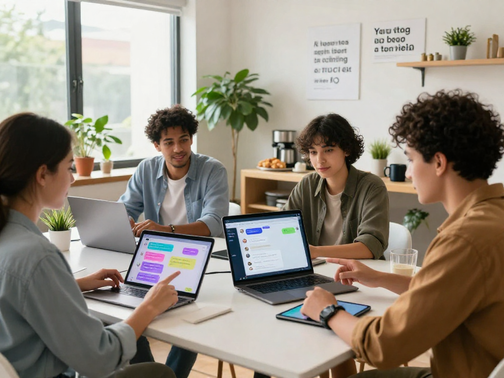 Dynamic collaboration in a tech workspace showcasing spicy AI chat features on laptops.