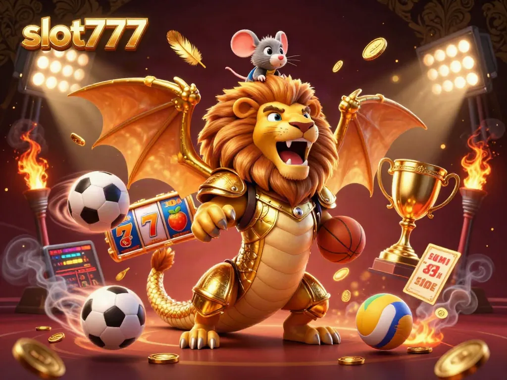 Spin vibrant slot777 reels filled with winning symbols and golden trophies in this dynamic casino illustration.