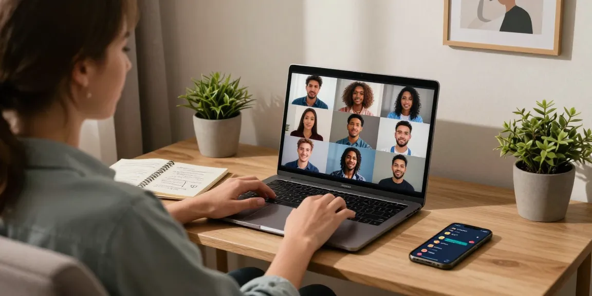 Engaging in a sex chat AI session from a cozy home office, showcasing character avatars on a laptop screen with a relaxed environment.
