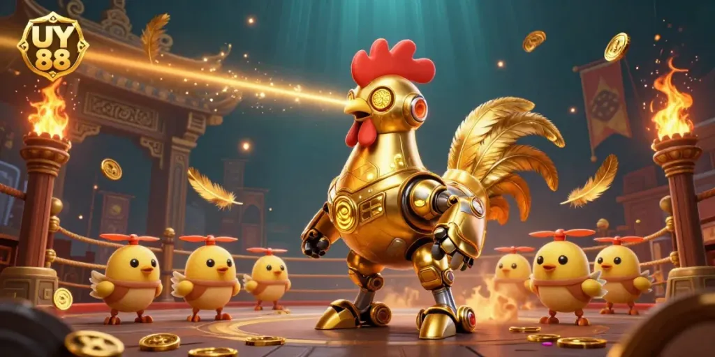 Engage with UY 88's dynamic online gameplay, featuring a futuristic golden rooster robot alongside baby chick drones in a thrilling casino scene.