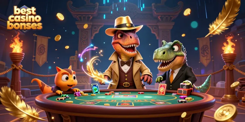 Best casino bonuses featuring a velociraptor card counter at a blackjack table amidst vibrant casino elements.