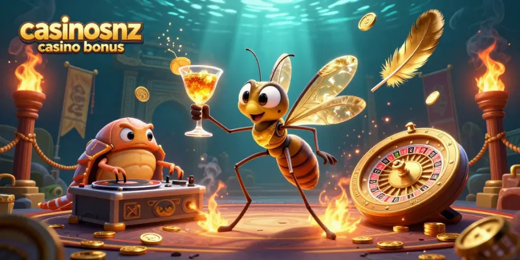 Engage with the casinosnz casino bonus illustrated scene featuring vibrant gambling elements and characters.