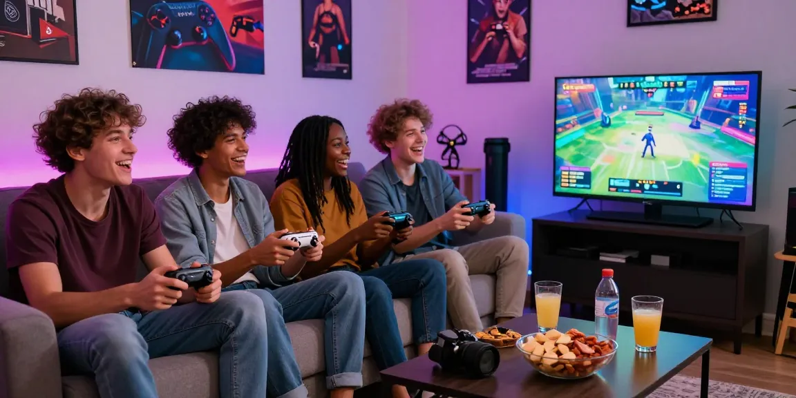 Friends enjoying gay sex games together in a lively living room setting.