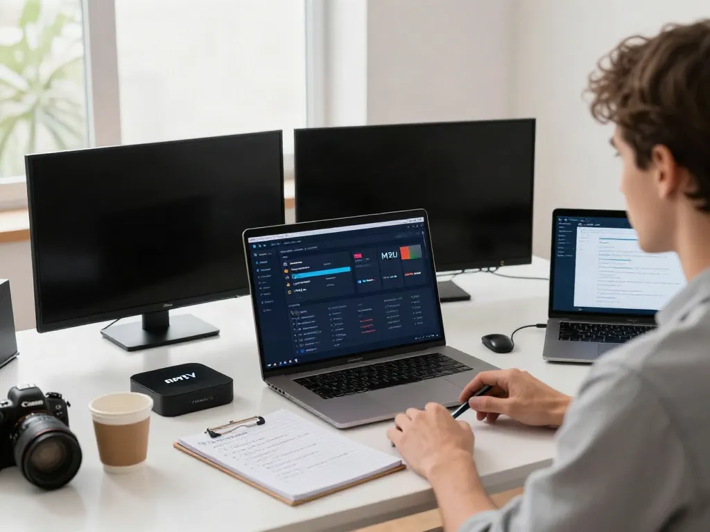 Test IPTV environment featuring devices, analytics, and a technician.