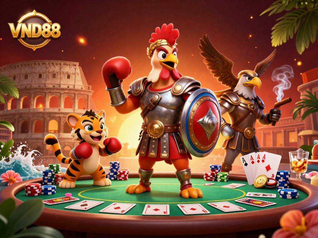 Experience thrilling gameplay at VND88 with a dynamic gladiator rooster and poker elements.