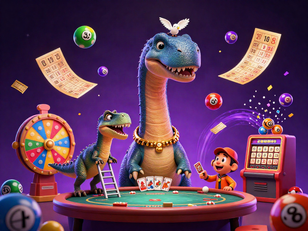 Experience BET88 at a vibrant casino scene with a brontosaurus, clever raptor, and lottery elements.