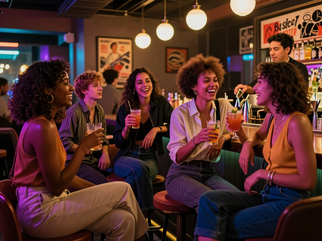 Group of friends enjoying nightlife at a bar with vibrant colors, exploring slut ai concepts.