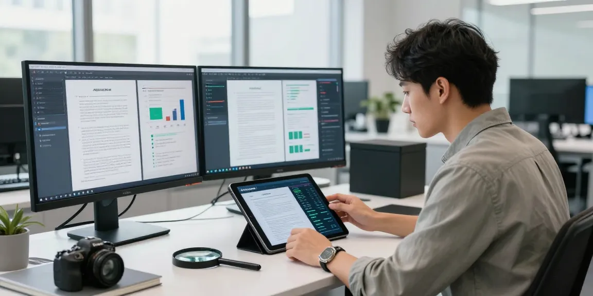 Data analyst examining document fraud detection metrics in a modern workspace.