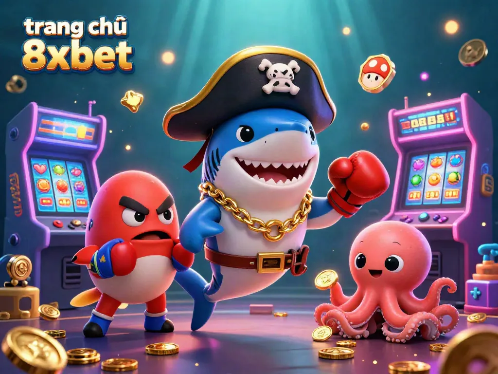 Engage with the thrilling world of trang chủ 8xbet, featuring a playful shark, pufferfish, and octopus in a vibrant casino.